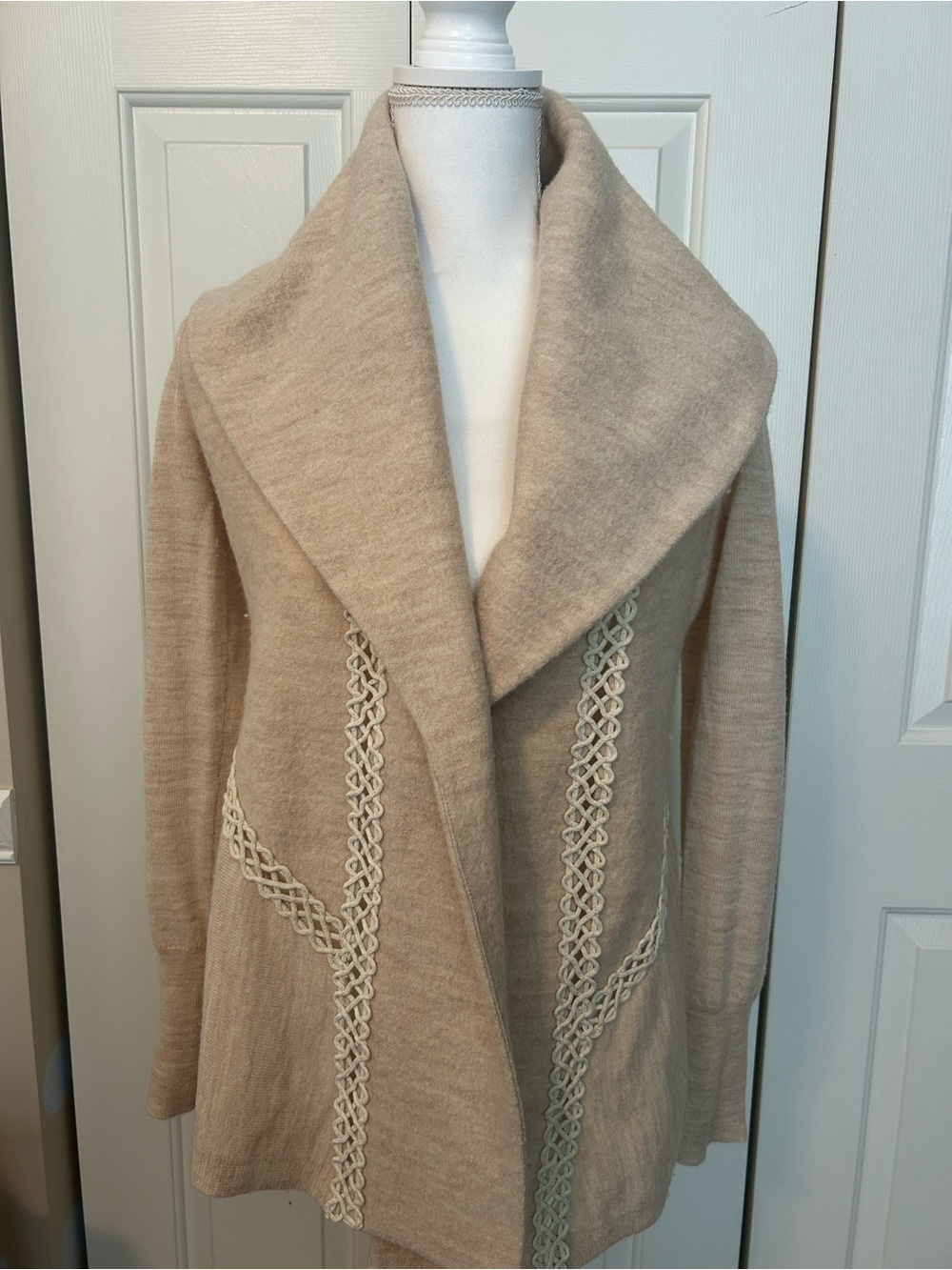 Angel Of The North Cream-Taupe Shawl Collar Cardigan with Braided Trim